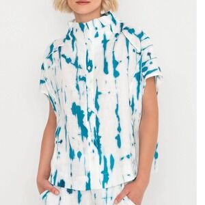 Ozai N Ku island linen Teal White Tie Dye Lagenlook Button Down Top Greece 2